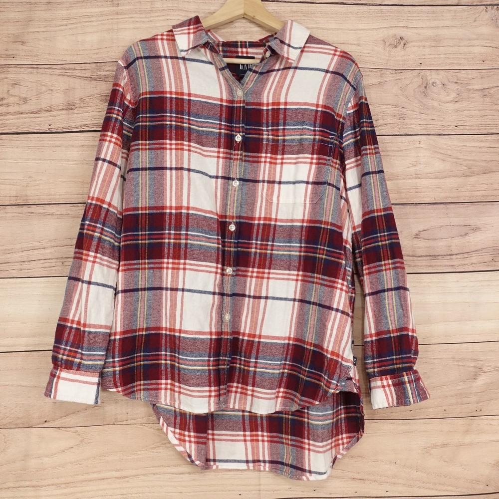 Gap Flannel Shirt Women Large Red Plaid High Low Hem Cotton Button Up
